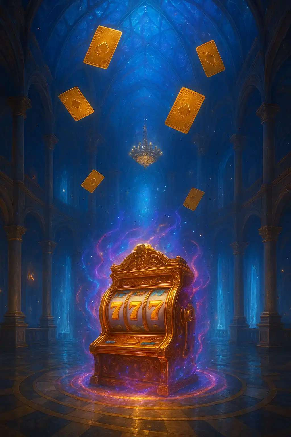 Enchanted golden slot machine and floating playing cards inside the 24Magic grand hall